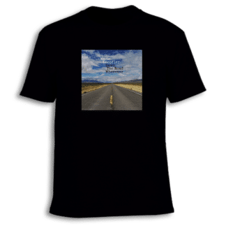 Black t shirt with photo of a road and text Mark Knopfler Down the road wherever