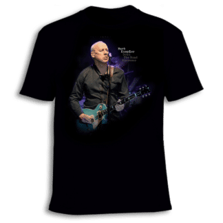 Black t shirt with photo of Mark Knopfler. Text Mark KNopfler Down the road wherever