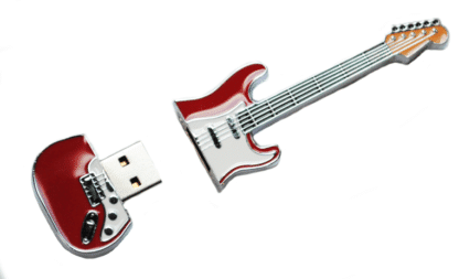Miniature electric guitar split in two pieces showing USB key inside